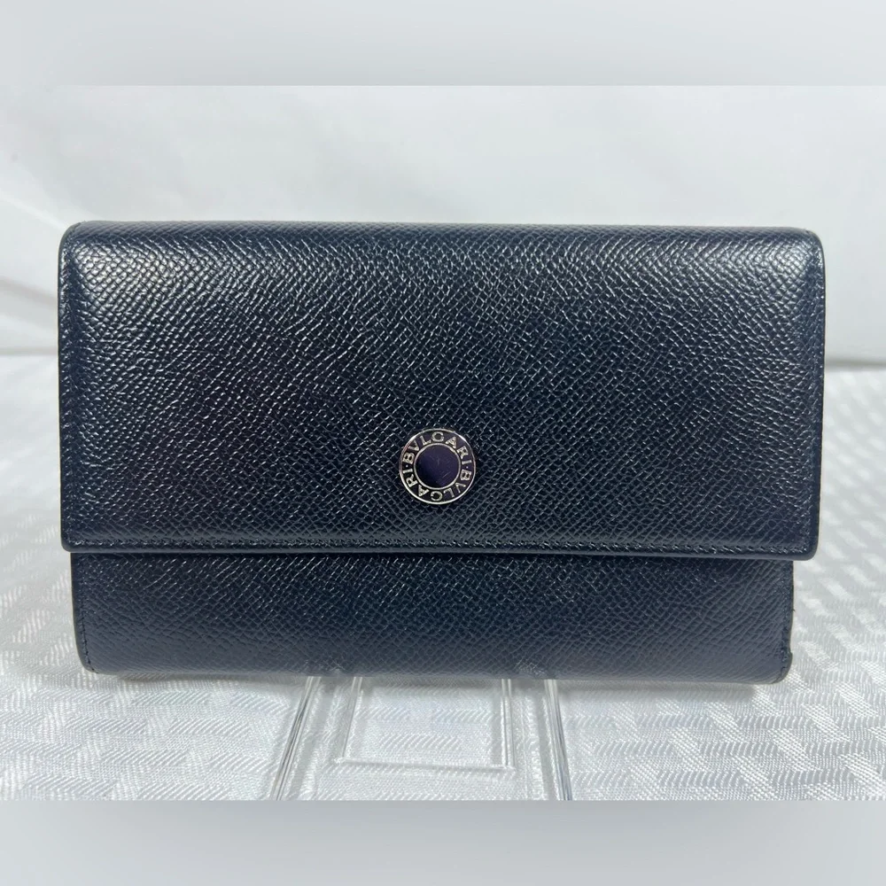 Bvlgari Grain Leather Continental Wallet Black Logo Snap